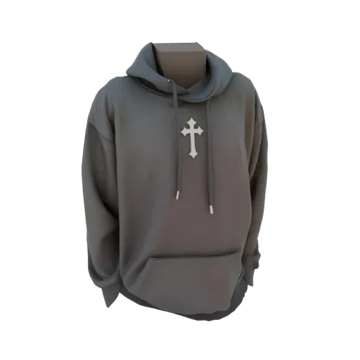3D model of a dark grey hoodie with a white cross emblem on the chest, displayed on a mannequin.