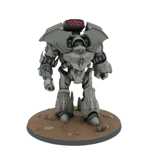 3D model of an unpainted grey Imperial Knight Paladin with a missile launcher on a desert base.