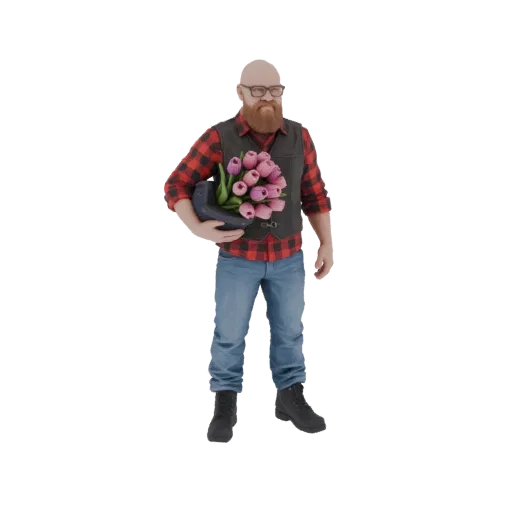 3D model of a bald, bearded man wearing glasses and a red plaid shirt with a dark vest, holding a pot of pink tulips.