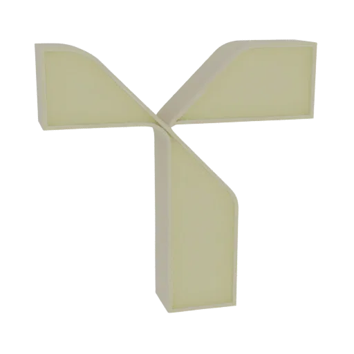 3D render of an abstract geometric sculpture with three interlocking curved planes forming a Y-shape, in a pale yellow matte