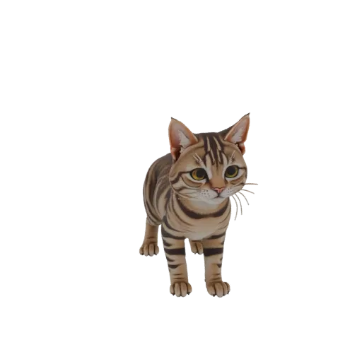 Un modelo 3D realista de un gato atigrado de pie y mirando hacia adelante, con rayas marrones y negras.