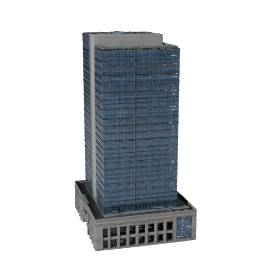 Modello 3D di edificio per uffici grattacielo pronto per Unity, viewport del motore Unity, che mostra materiali di edifici pe