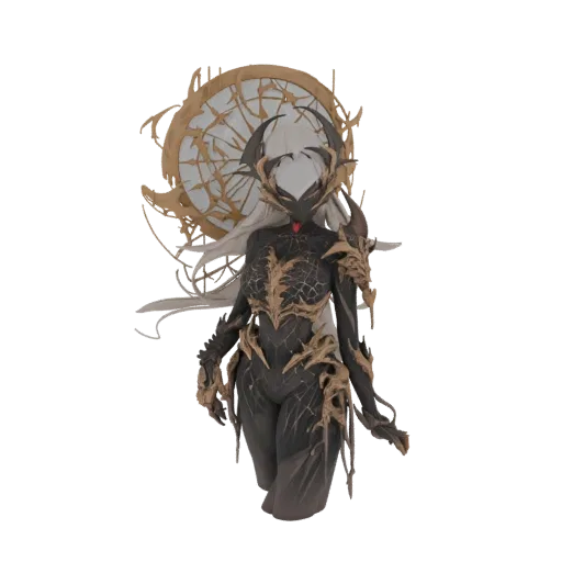 3D model of a dark fantasy female warrior with intricate black and gold armor and a large, ornate golden halo, set against a