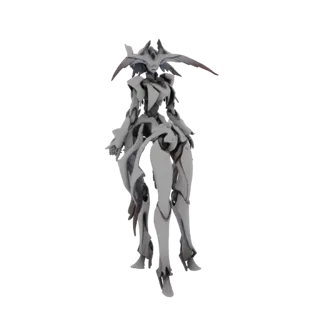 A full-body render of a slender, ethereal alien warrior with intricate, flowing armor and wing-like head adornments, set agai