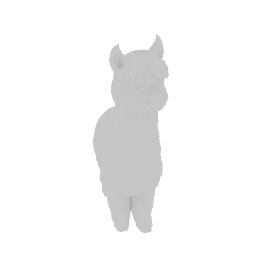 A 3D model of a fluffy white alpaca standing on a black background, viewed from the side.