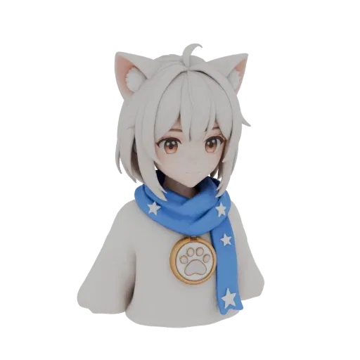 3D model of an anime character with light brown hair, brown eyes, cat ears, and a blue scarf with stars.