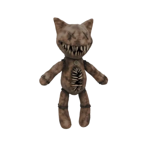 3D model of a creepy, stitched cat plush toy with 'X' eyes, sharp teeth, and a visible internal seam.