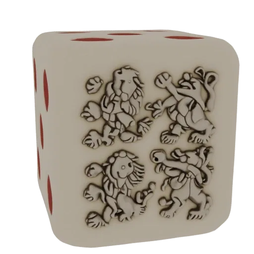 3D model of a playing die with embossed images of three lions on one face and red dots on other faces.