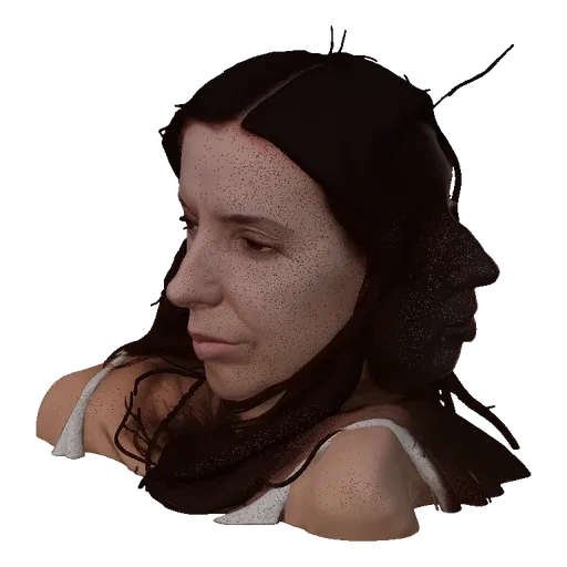 3D model render of a woman with long, dark, flowing hair and a white dress, looking slightly to the side.