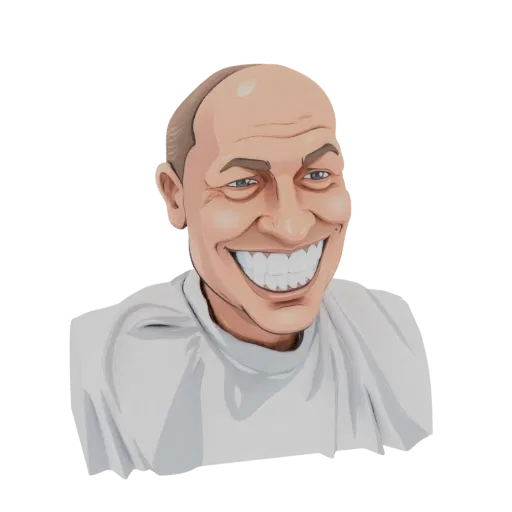 3D model render of a caricature of a bald man with a very wide, toothy smile and blue eyes, wearing a white t-shirt.