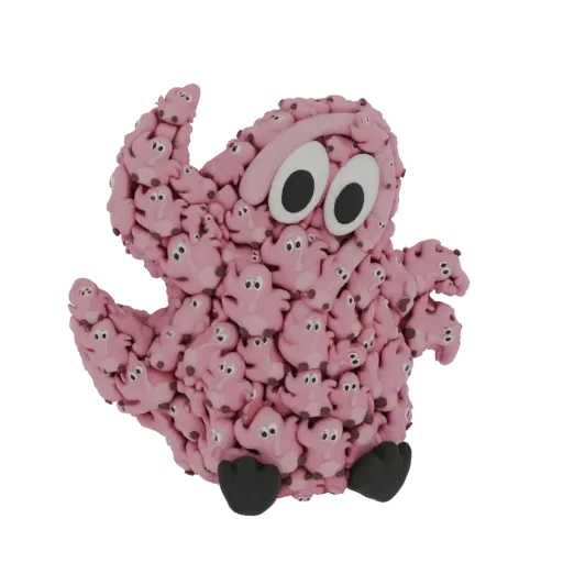 A 3D render of a large, pink, amorphous monster made of many small piglet figures, with big googly eyes and small black feet.