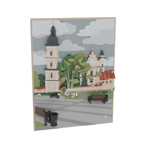 Modelo 3D de un diorama de papel en capas que muestra una plaza europea con una iglesia, árboles y bancos.