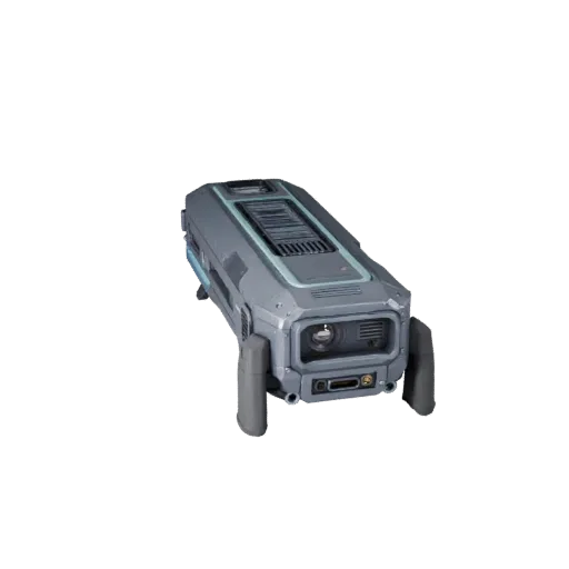 Clean Sci Fi Hologram Projector Realistic 3D model, three-quarter studio render, showing emissive strips, form detail.