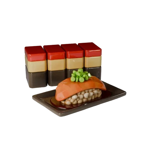 Homestyle Sushi Set Printable 3D model, isometric STL render, showing sauces, plated composition.