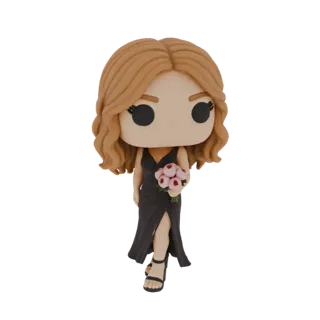 مجسم ثلاثي الأبعاد لامرأة بأسلوب Funko Pop بفستان أسود تحمل باقة زهور وردية.