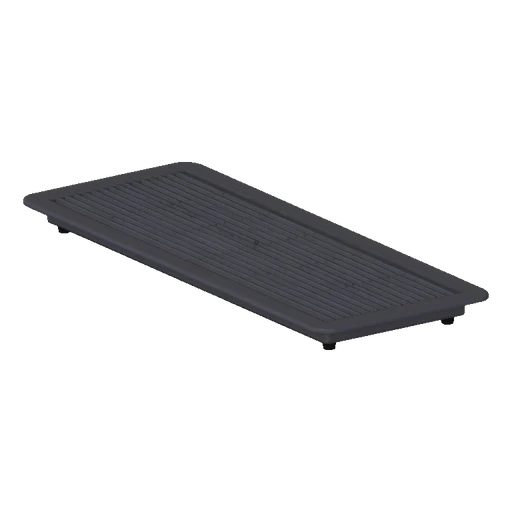A 3D model of a modern rectangular air vent grille with a gray finish and detailed louvers, set against a black background.