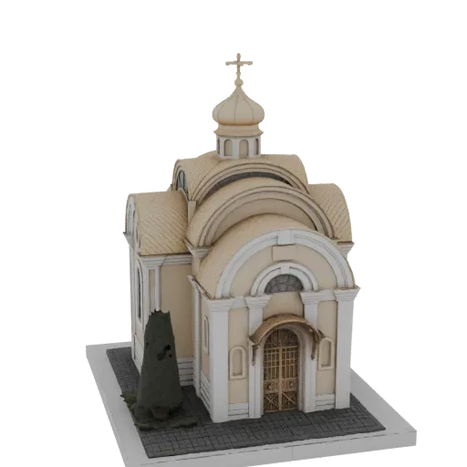 Modello 3D di una cappella ortodossa beige con cupola centrale, finestre ad arco e cancello d'ingresso decorativo, su sfondo