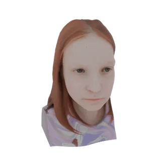 Render de modelo 3D de una niña con cabello largo, castaño rojizo, mirando ligeramente hacia abajo con expresión neutra, vist