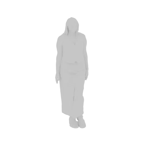 Modelo 3D de mujer de pie con atuendo casual, renderizado en material gris neutro.