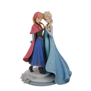 Modelo 3D de Anna y Elsa de Disney abrazándose, con Anna con capucha roja y vestido azul, y Elsa con su icónico vestido azul