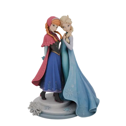3D model of Disney's Anna and Elsa embracing, with Anna in a red hood and blue dress, and Elsa in her iconic ice-blue gown, s