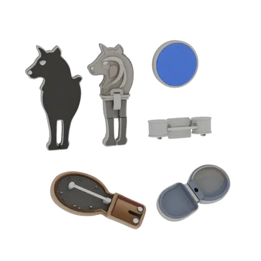 Animal Motif Brooch product viz 3D model, side view studio render, with clean topology and PBR shading on the brooch.