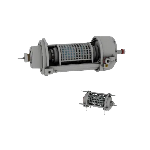 3D model of a prototype electrostatic ion thruster, showing internal components like ion grids and a cathode neutralizer, wit