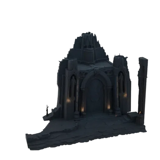 3D model of a dark, ruined gothic temple entrance with tall spires, an arched doorway, and atmospheric lighting.