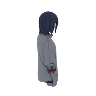 Side view of a 3D model of an anime character with dark hair and a gray long-sleeved shirt, standing in a neutral pose.