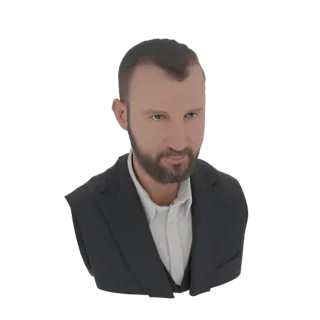 3D model render of a bust of a man with a beard wearing a dark suit and white shirt, against a white background.