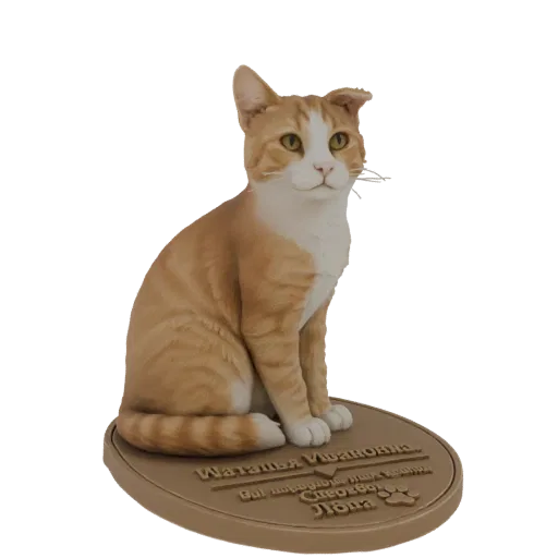 3D model of an orange tabby cat sitting on a circular base with engraved text and a paw print.