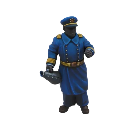 3D model of a historical naval officer in a blue uniform holding a dark flask, against a white background.