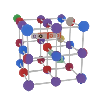 Classroom Crystal Lattice 3D model, side profile view, technical viewport render, showing colored spheres, form detail.