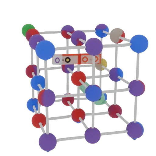 Classroom Crystal Lattice 3D model, side profile view, technical viewport render, showing colored spheres, form detail.