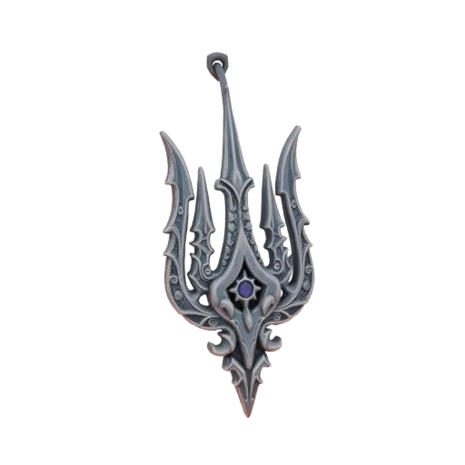 3D model of an ornate trident pendant with gothic-inspired designs and a central blue gem, displayed against a white backgrou