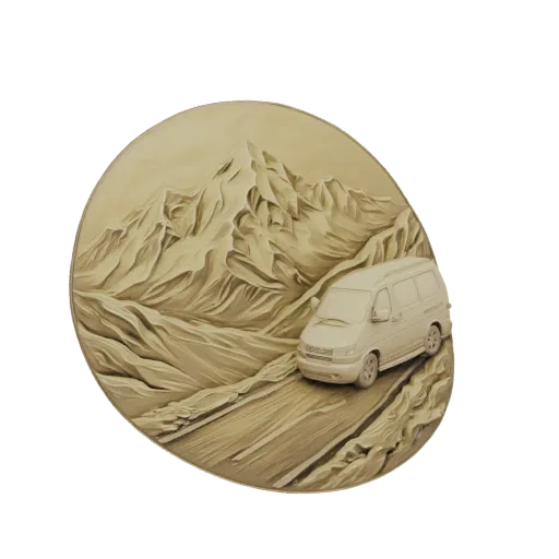3D model of a van driving on a road through a detailed mountain pass, presented in a circular bas-relief style.