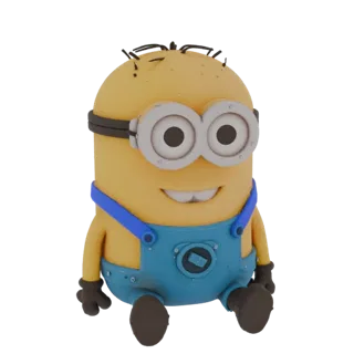 3D model of a Minion sitting in blue overalls, with large goggles and a smile