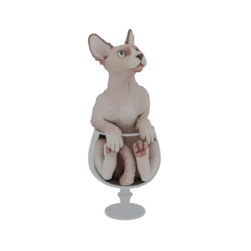 3D model of a light-colored Sphynx cat sitting inside a clear brandy glass, looking upwards.