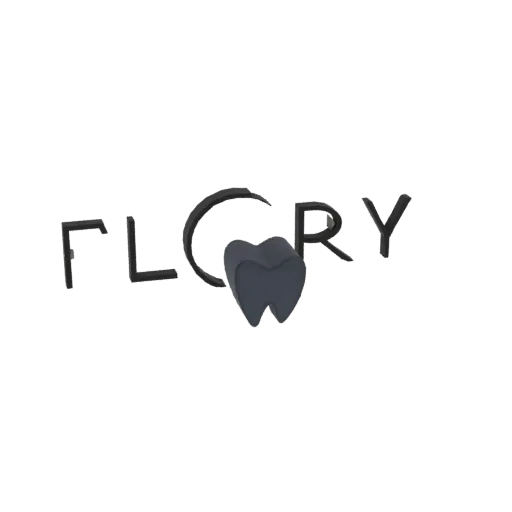 3D render of the 'Flory' logo with a stylized tooth replacing the letter 'O', presented on a black background.