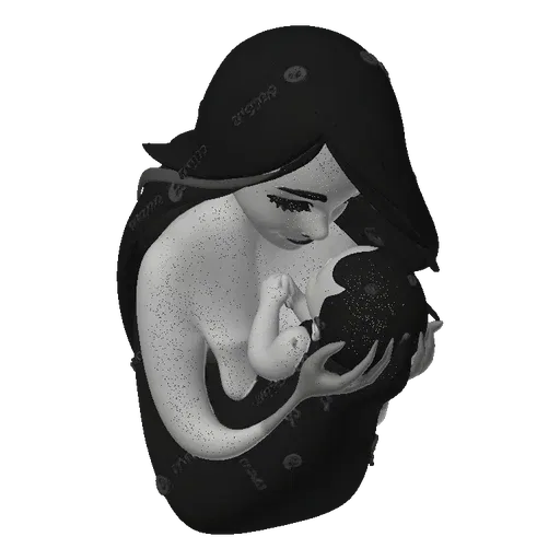 3D model of a mother tenderly embracing her baby, depicted with smooth, flowing lines and a monochromatic aesthetic.