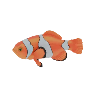 Modello 3D di pesce pagliaccio arancione con strisce bianche, rivolto a sinistra, su sfondo bianco.