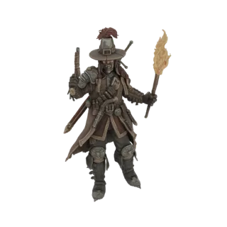 Modelo 3D de una figura de mosquetero gótico sosteniendo una antorcha y una pistola, vistiendo un sombrero y armadura detalla
