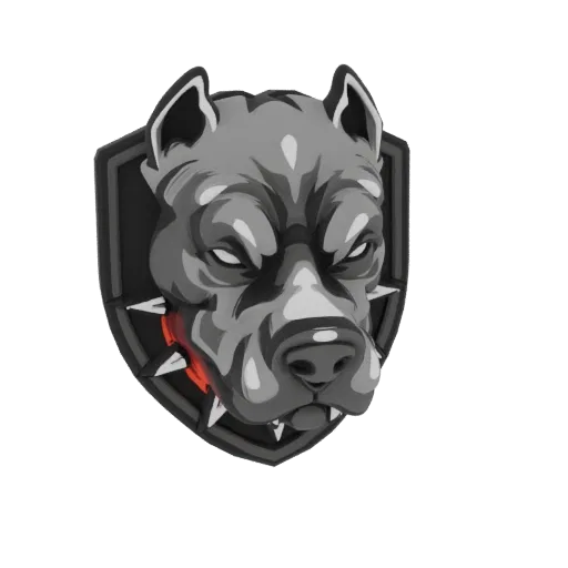 3D model of a fierce pitbull dog head with a spiked collar, set against a dark shield emblem, rendered with sharp graphic lin