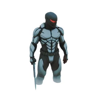 3D model of a futuristic soldier in a light-blue and dark-gray tactical suit, holding a katana with a red-eyed helmet.