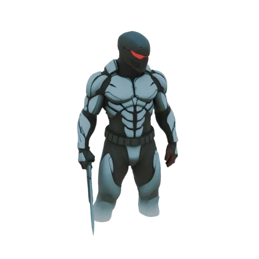 3D model of a futuristic soldier in a light-blue and dark-gray tactical suit, holding a katana with a red-eyed helmet.