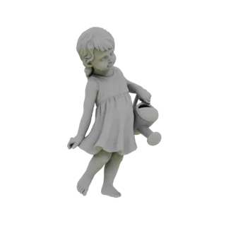 3D model of a young girl with a watering can, rendered in gray, standing with a gentle pose.