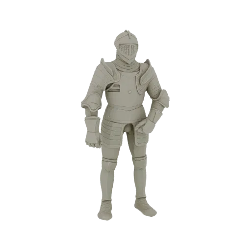 Modèle 3D d'une armure de plaques complète grise et non texturée, en pose neutre sur fond blanc.
