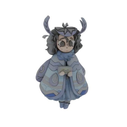 3D model of a cute moth-like character with large eyes, leaf-like antlers, a blue scarf, and a patterned blue and grey robe,