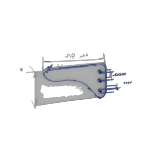 Modelo 3D de un dispositivo geométrico abstracto con cuerpo gris claro y cableado azul detallado, sobre un fondo blanco.
