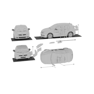 Modèle 3D d'une Volkswagen Golf 6 2009, montré sous plusieurs angles, y compris les vues avant, latérale et supérieure.
